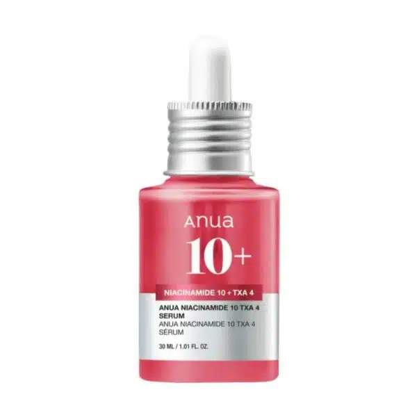A sleek glass bottle of Anua Niacinamide 10% + TXA 4% Serum (30ml) with a minimalist design, featuring a dropper applicator and a clean white label displaying the product's name and key details, placed on a neutral background.