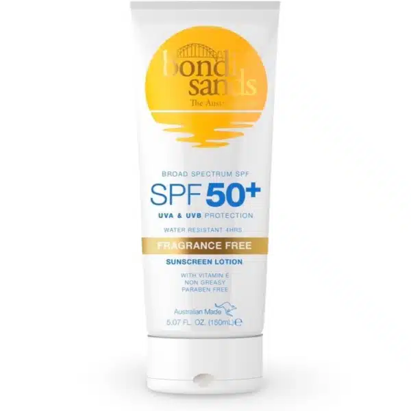 Bondi Sands Sunscreen Lotion SPF 50 150ml - lightweight, non-greasy, fragrance-free sunscreen bottle offering high SPF protection, perfect for sensitive skin and outdoor activities