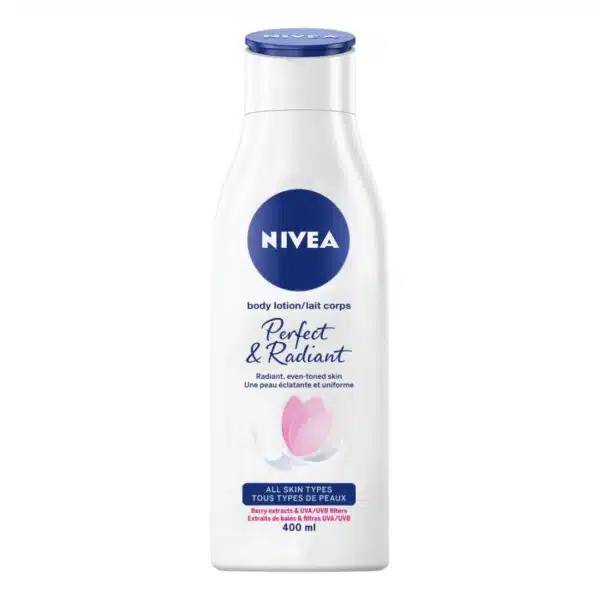 NIVEA Perfect & Radiant Body Lotion 400ml - Daily moisturizing lotion with liquorice and berry extracts for radiant, even-toned skin, suitable for all skin types.