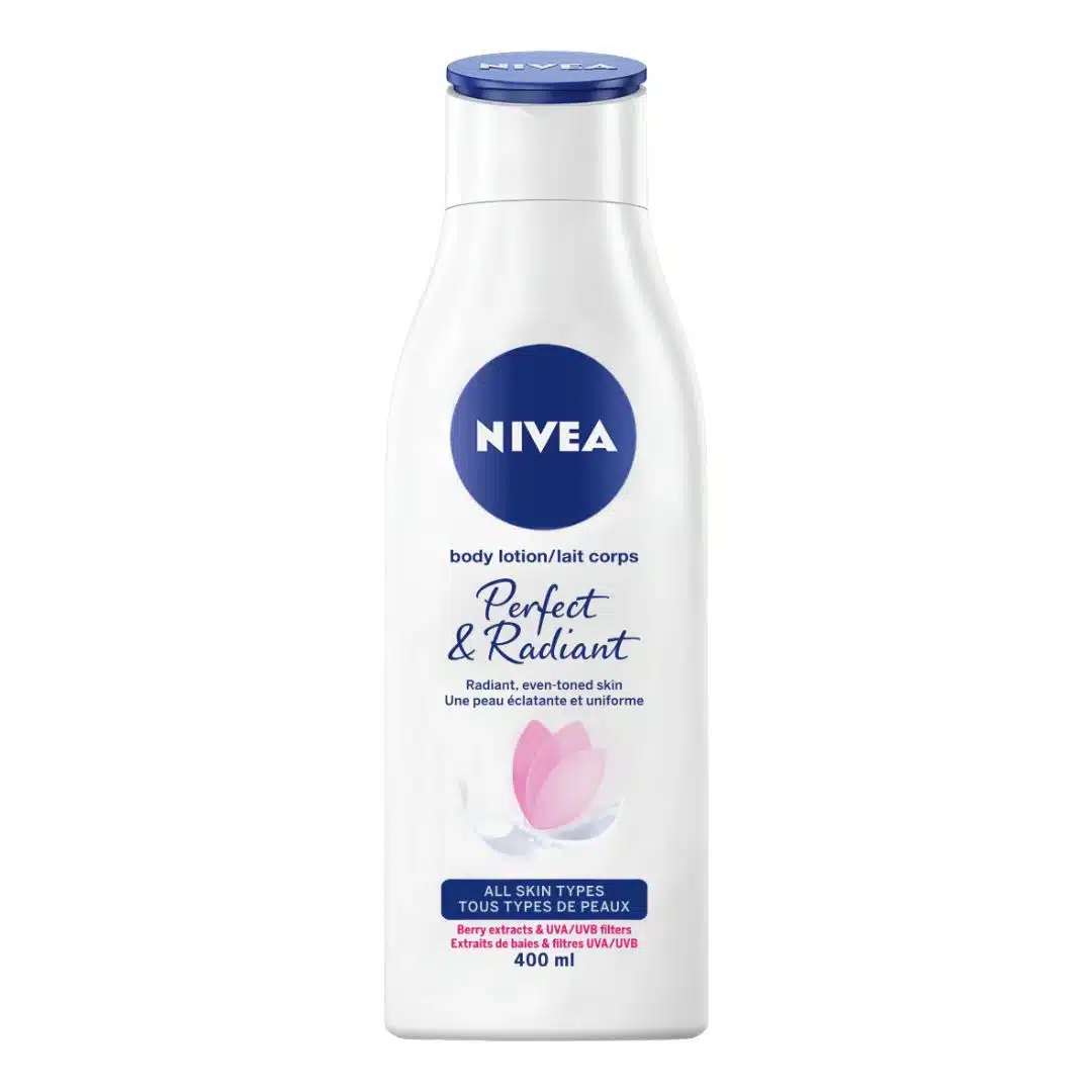 NIVEA Perfect & Radiant Body Lotion 400ml - Daily moisturizing lotion with liquorice and berry extracts for radiant, even-toned skin, suitable for all skin types.