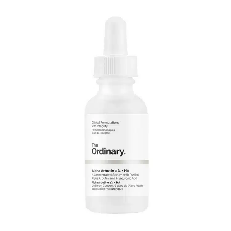 Flat lay of The Ordinary Alpha Arbutin Facial Serum with minimalist packaging, featuring a dropper bottle against a bright, clean background. Ideal for hyperpigmentation and uneven skin tone.