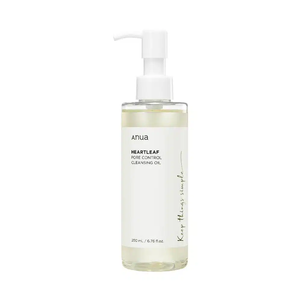 ANUA Heartleaf Pore Control Cleansing Oil in a sleek 200ml bottle, featuring a minimalist design with a white and green label, symbolizing its soothing and natural ingredients for gentle and effective skincare.