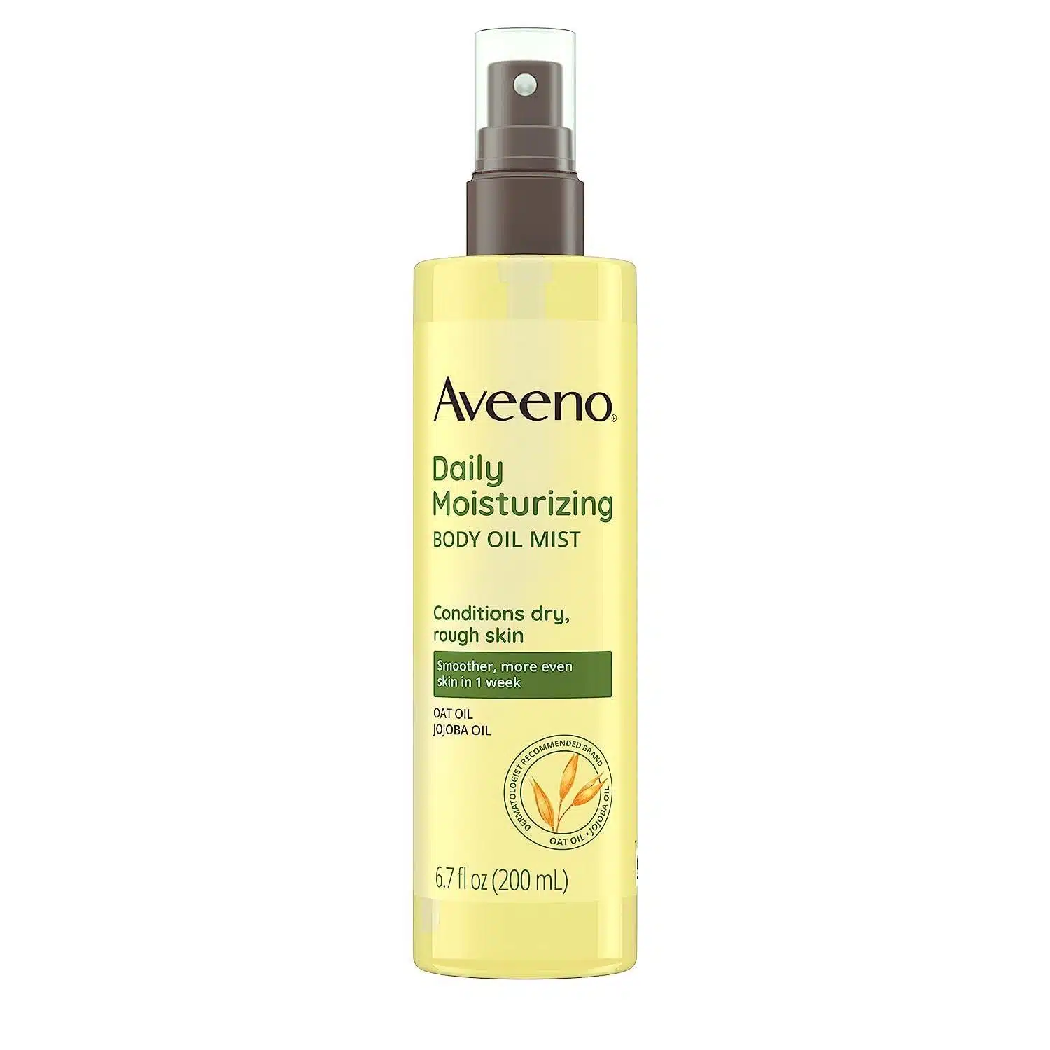 Front view of a 200 ml Aveeno Daily Moisturizing Body Oil Mist with Oat Oil spray bottle on a white background, showing beige-green label, clear pump nozzle, and claim of 98 % naturally derived ingredients.