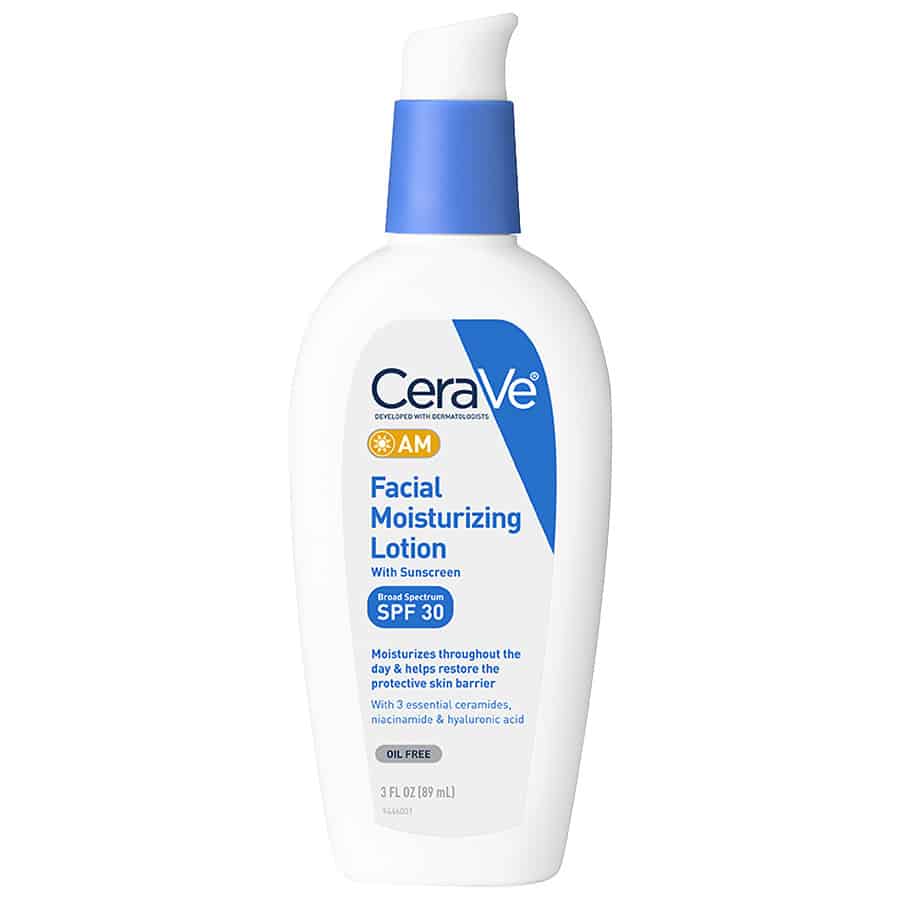 Image of CeraVe AM Facial Moisturizing Lotion SPF 30, a lightweight daytime moisturizer in a white and blue pump bottle, offering broad-spectrum sun protection and hydration for normal to dry skin