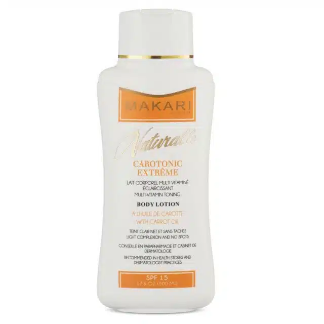 Makari Carotonic Extreme Body Lotion, 500ml bottle, featuring a sleek gold and white design with text highlighting its brightening and skin-nourishing properties, ideal for addressing blemishes, uneven skin tone, and promoting radiant skin.