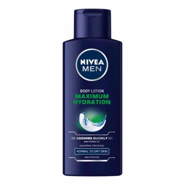400ml bottle of NIVEA Maximum Hydration Lotion for Men, featuring a sleek blue design with a pump dispenser, formulated to provide 24+ hours of intensive hydration and enriched with aloe vera for soothing and nourishing dry skin.