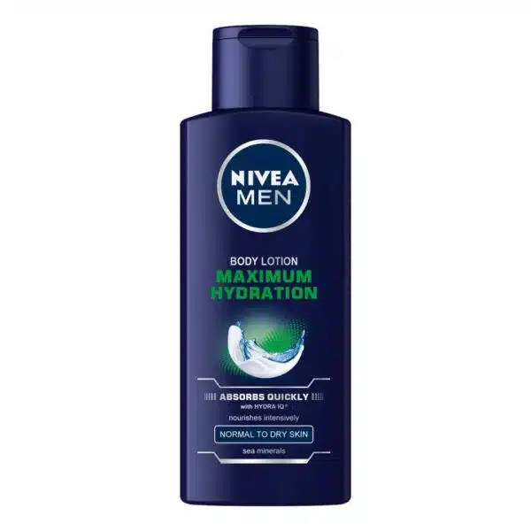 400ml bottle of NIVEA Maximum Hydration Lotion for Men, featuring a sleek blue design with a pump dispenser, formulated to provide 24+ hours of intensive hydration and enriched with aloe vera for soothing and nourishing dry skin.