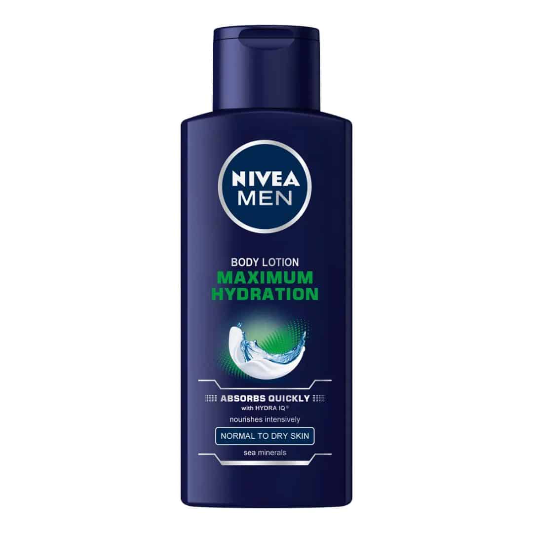 400ml bottle of NIVEA Maximum Hydration Lotion for Men, featuring a sleek blue design with a pump dispenser, formulated to provide 24+ hours of intensive hydration and enriched with aloe vera for soothing and nourishing dry skin.
