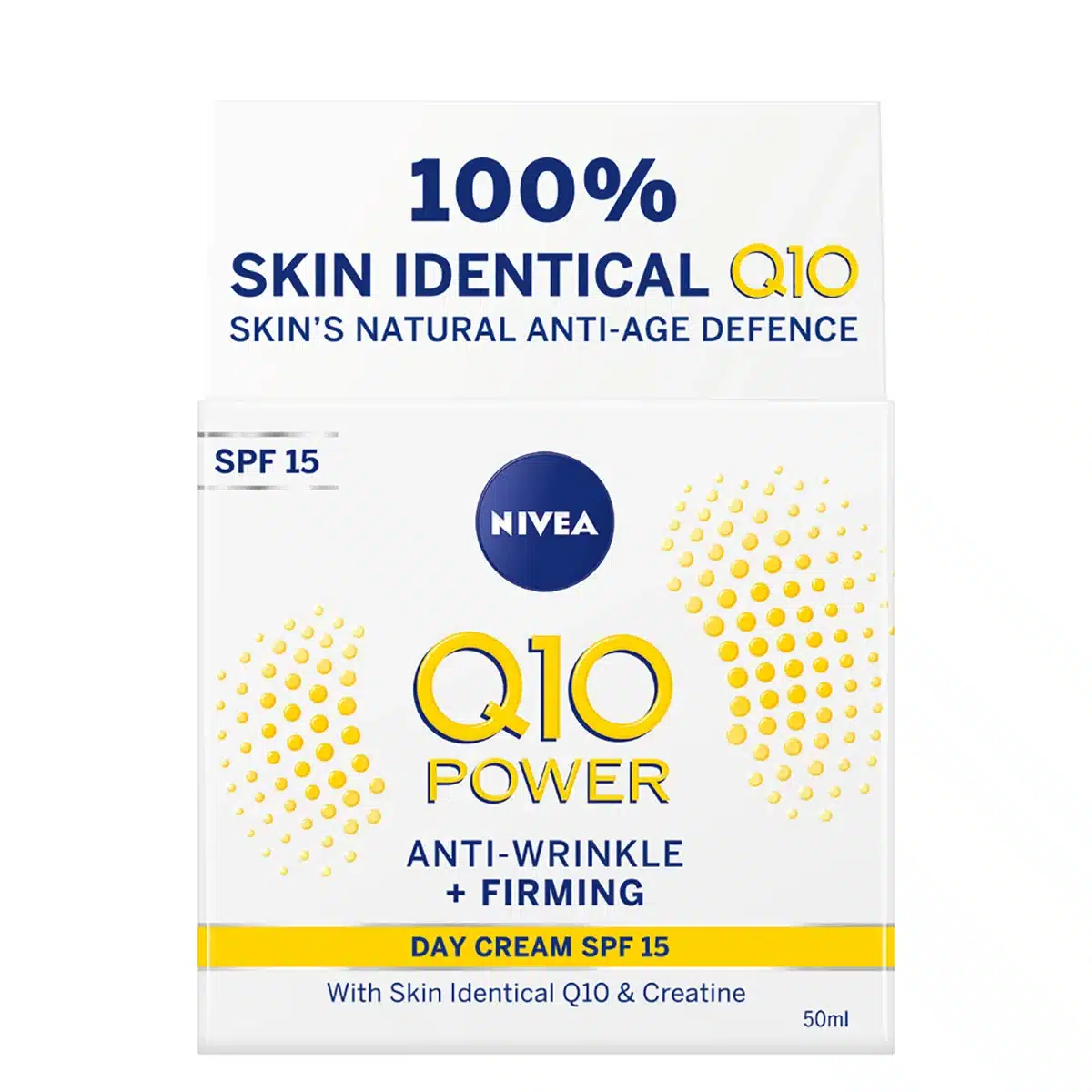 Image of NIVEA Q10 Power Anti-Wrinkle Firming Day Cream, 50ml, with SPF 15. A sleek white and blue jar of moisturizing cream designed to visibly reduce wrinkles, improve skin firmness, and provide sun protection.