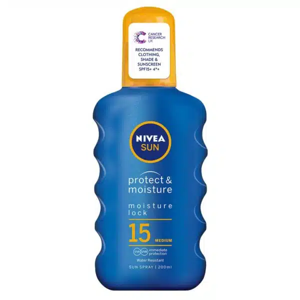 Image of Nivea Protect & Moisture Sun Spray SPF15, 200ml – a blue and white spray bottle designed for effective sun protection and skin hydration, suitable for all skin types and outdoor activities.