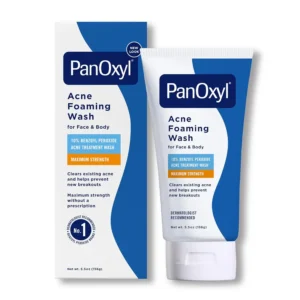 Bottle of PanOxyl Acne Foaming Wash Benzoyl Peroxide 10 % (5.5 oz) set against a white background, showing blue-and-white label and “Maximum Strength” badge—featured image for Pure Skincare Ghana product page promoting powerful benzoyl peroxide acne cleanser.