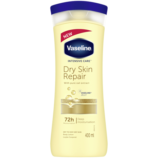 Vaseline Intensive Care Dry Skin Repair Body Lotion, 400ml bottle with a sleek white design and blue cap, featuring product details and branding, designed to provide deep hydration and repair for very dry skin.