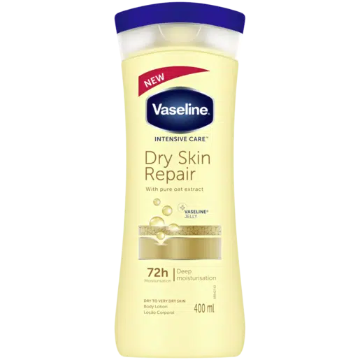 Vaseline Intensive Care Dry Skin Repair Body Lotion, 400ml bottle with a sleek white design and blue cap, featuring product details and branding, designed to provide deep hydration and repair for very dry skin.