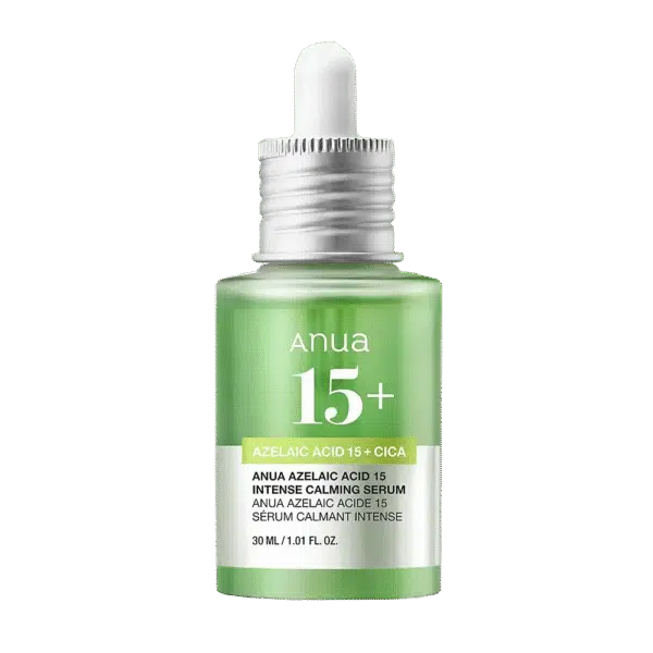 ANUA Azelaic Acid 10 Hyaluron Redness Soothing Serum (30ml) on white background. Transparent glass dropper bottle with clear serum, labeled "For Sensitive Skin." Key ingredients highlighted: 10% Azelaic Acid, Hyaluronic Acid, Centella Asiatica. Ideal for acne-prone, rosacea, or redness-prone skin in humid, sunny climates.