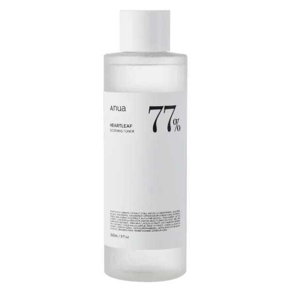Clear glass bottle of ANUA Heartleaf 77% Soothing Toner (250ml) on white background, filled with transparent liquid. Label highlights “77% Heartleaf Extract” and “For Sensitive Skin.” Ideal for acne-prone or irritated skin in tropical climates—reduces redness, balances oil, and preps for flawless hydration.