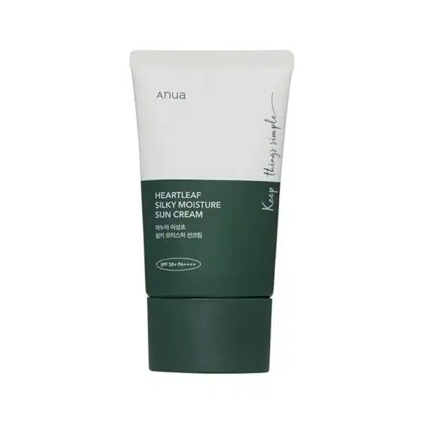 Front and side view of ANUA Heartleaf Silky Moisture Sunscreen tube (50ml) on white background. Gold text highlights "SPF 50+ PA++++" and "Heartleaf Extract." Design emphasizes clean, clinical elegance suited for sensitive skin in sunny climates.