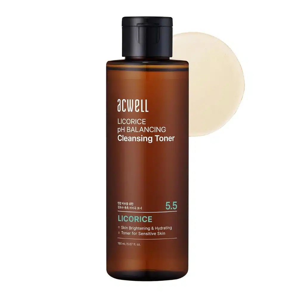 Front‑facing bottle of Acwell Licorice pH Balancing Cleansing Toner (150 ml) with light‑amber liquid and minimalist teal label, photographed on a clean white background to highlight the product’s clarity and gentle, low‑pH formula.