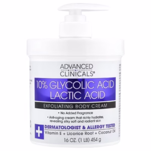 Advanced Clinicals 10% Glycolic Acid + Lactic Acid Exfoliating Body Cream in a white jar on a clean white background. Features key ingredients like coconut oil, licorice root, and aloe vera for gentle exfoliation and hydration. Ideal for dry, bumpy skin in tropical climates.