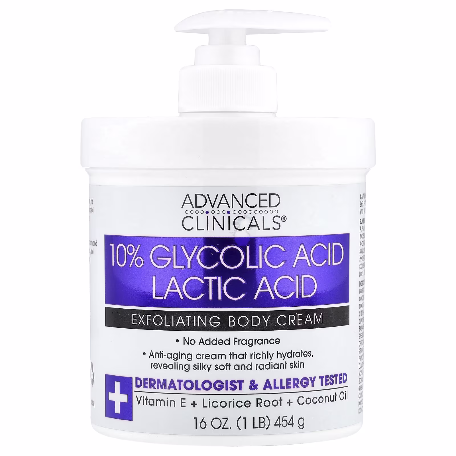 Advanced Clinicals 10% Glycolic Acid + Lactic Acid Exfoliating Body Cream in a white jar on a clean white background. Features key ingredients like coconut oil, licorice root, and aloe vera for gentle exfoliation and hydration. Ideal for dry, bumpy skin in tropical climates.
