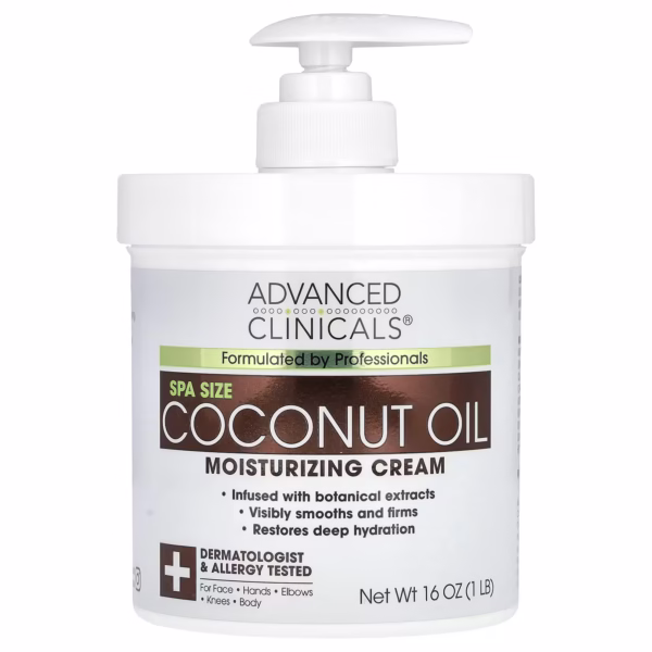 White jar of Advanced Clinicals Coconut Oil Moisturizing Cream on white background. Label highlights "Coconut Oil," "Chamomile," and "24-Hour Hydration." Cream texture shown in open jar, ideal for face, body, and hair. Perfect for dry, sensitive skin in tropical climates.