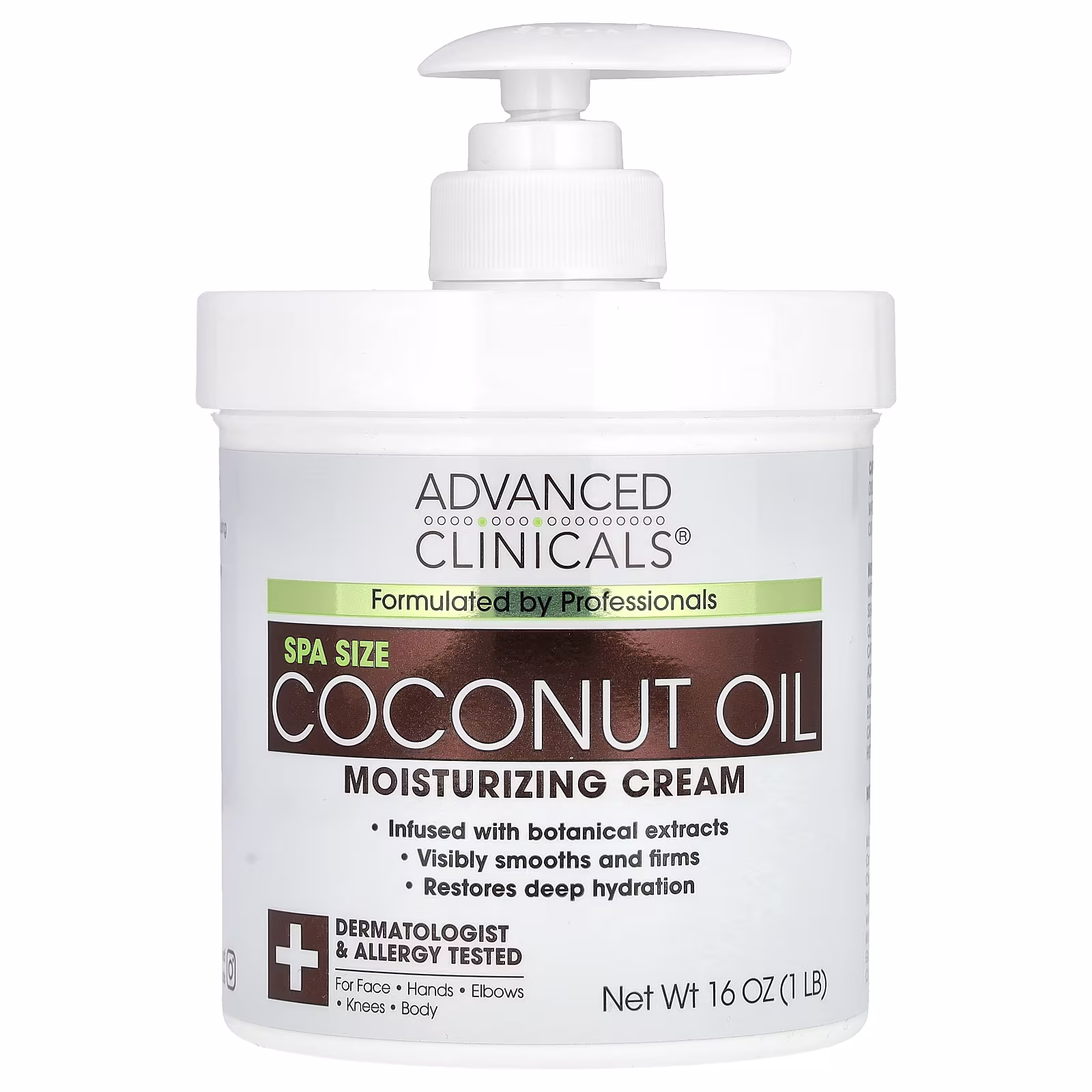 White jar of Advanced Clinicals Coconut Oil Moisturizing Cream on white background. Label highlights "Coconut Oil," "Chamomile," and "24-Hour Hydration." Cream texture shown in open jar, ideal for face, body, and hair. Perfect for dry, sensitive skin in tropical climates.