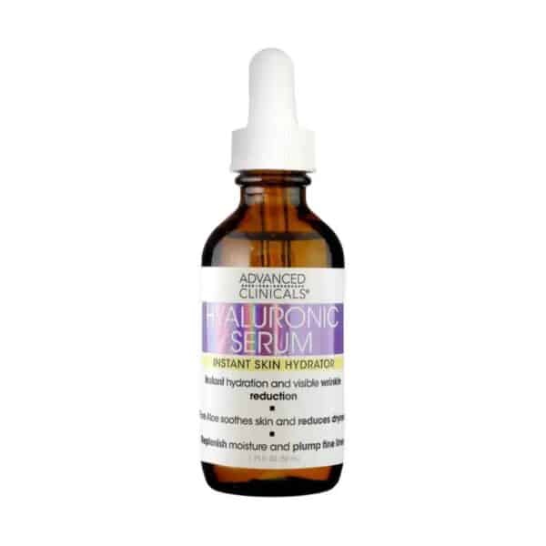 Clear 1.75 fl oz dropper bottle of Advanced Clinicals Hyaluronic Serum Instant Skin Hydrator standing upright on a white background, transparent gel visible, silver cap reflecting light—ideal product image for Pure Skincare Ghana’s online catalogue.