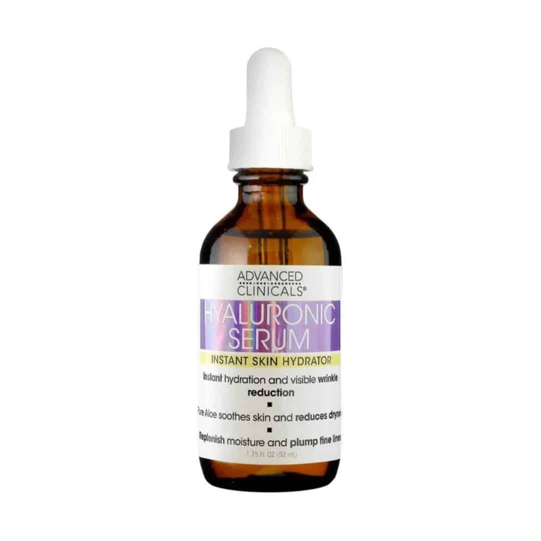 Clear 1.75 fl oz dropper bottle of Advanced Clinicals Hyaluronic Serum Instant Skin Hydrator standing upright on a white background, transparent gel visible, silver cap reflecting light—ideal product image for Pure Skincare Ghana’s online catalogue.