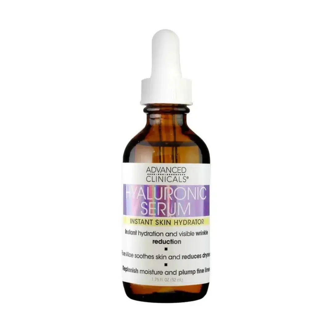 Clear 1.75 fl oz dropper bottle of Advanced Clinicals Hyaluronic Serum Instant Skin Hydrator standing upright on a white background, transparent gel visible, silver cap reflecting light—ideal product image for Pure Skincare Ghana’s online catalogue.
