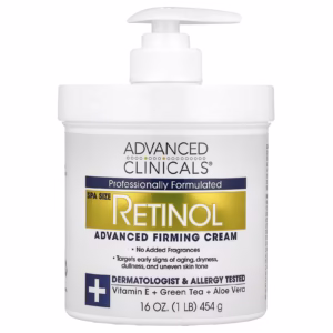 Front-facing white-background photo of a 16-ounce jar of Advanced Clinicals Retinol Advanced Firming Cream with golden lid, highlighting ‘Retinol Advanced Firming Cream’ label and key claims of anti-aging and face-body use