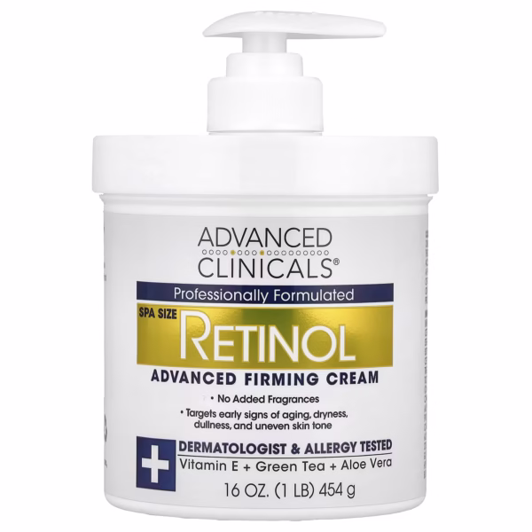 Front-facing white-background photo of a 16-ounce jar of Advanced Clinicals Retinol Advanced Firming Cream with golden lid, highlighting ‘Retinol Advanced Firming Cream’ label and key claims of anti-aging and face-body use
