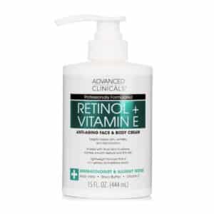 Advanced Clinicals Retinol + Niacinamide Anti-Aging Cream in a gold-and-white jar on a white background. Visible cream texture with "For Face & Body" text, highlighting its dual use for smoothing wrinkles and brightening skin tone in tropical climates.