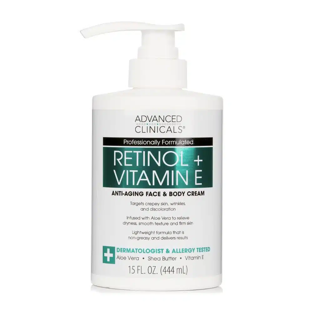 Advanced Clinicals Retinol + Niacinamide Anti-Aging Cream in a gold-and-white jar on a white background. Visible cream texture with "For Face & Body" text, highlighting its dual use for smoothing wrinkles and brightening skin tone in tropical climates.