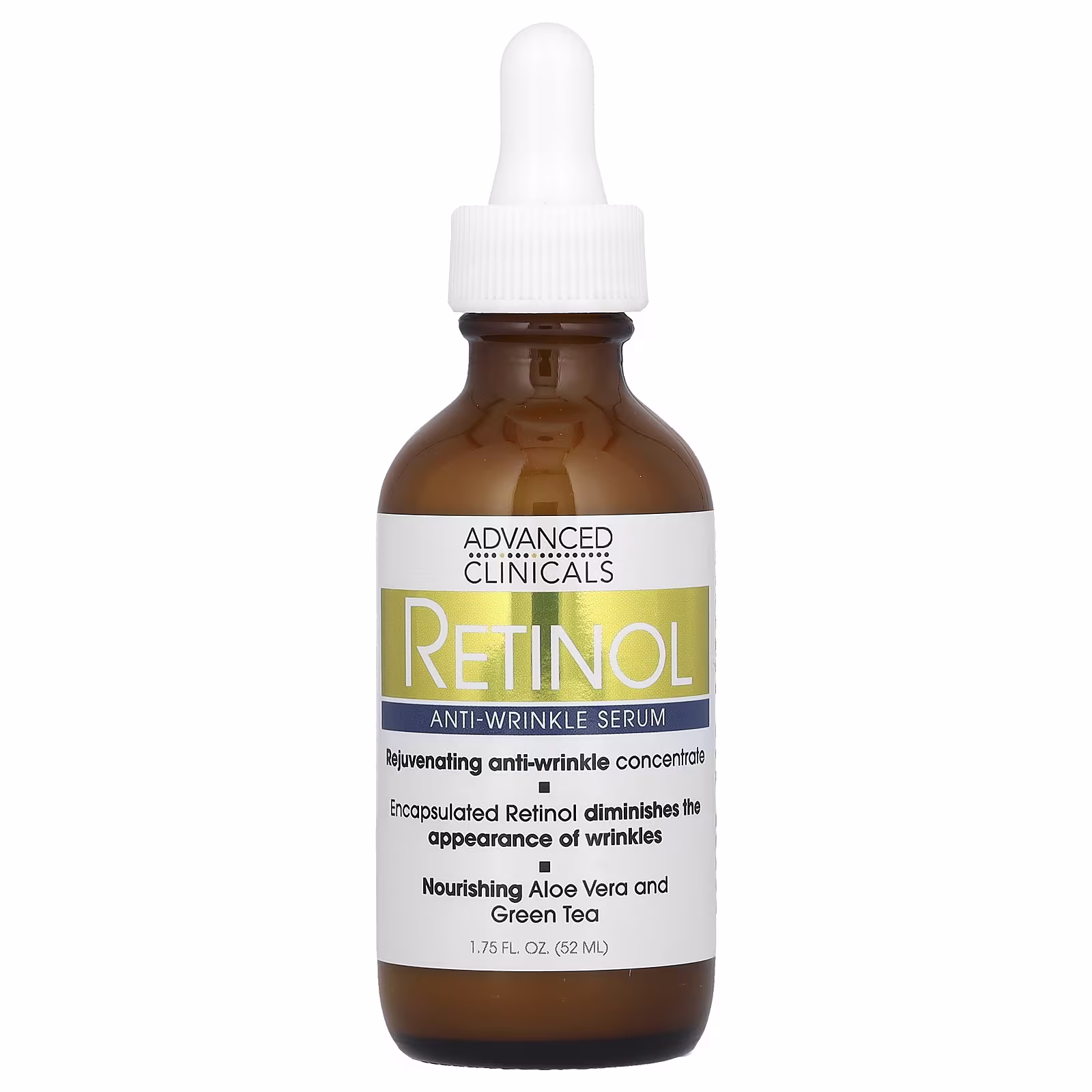 Clear glass dropper bottle of Advanced Clinicals Retinol Serum on white background, showcasing golden liquid. Label highlights "Encapsulated Retinol" and "Aloe Vera." Perfect for Ghanaian skincare routines targeting wrinkles, sun spots, and loss of firmness in tropical climates.