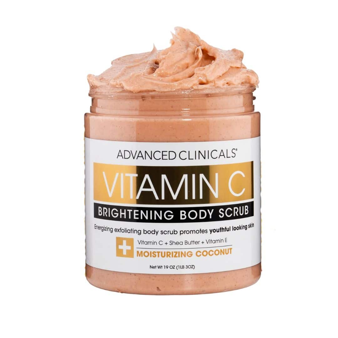 Advanced Clinicals Vitamin C Brightening Body Scrub jar on white background, showcasing golden coconut swirls and shea butter chunks.
