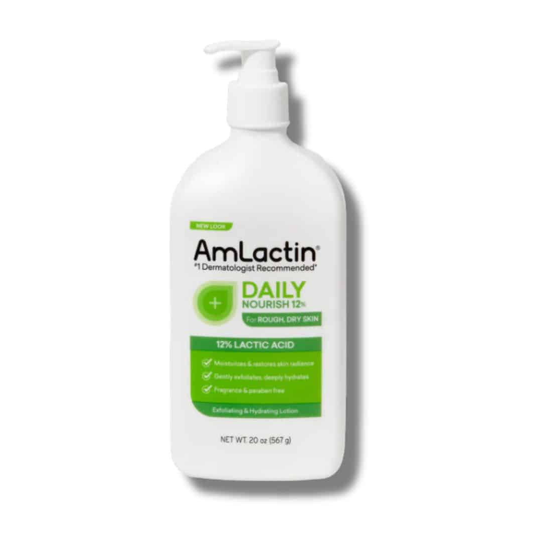 Front-facing photo of a 20-oz pump bottle of AmLactin Daily Nourish Lotion with 12 % Lactic Acid AHA, set against a clean white background; green label details “Exfoliates + Hydrates,” illustrating the fragrance-free, dermatologist-recommended body lotion sold by Pure Skincare Ghana