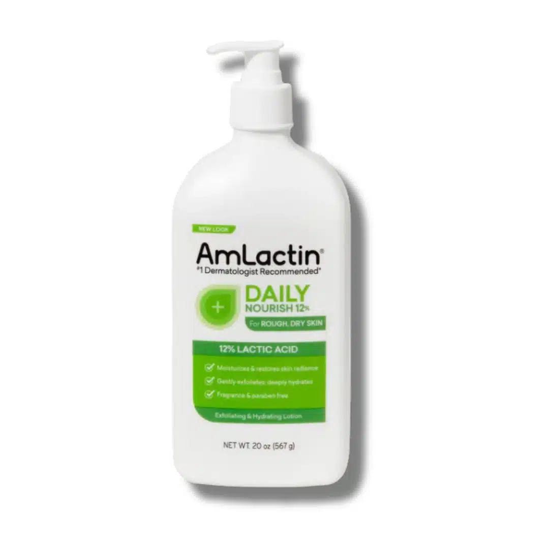 Front-facing photo of a 20-oz pump bottle of AmLactin Daily Nourish Lotion with 12 % Lactic Acid AHA, set against a clean white background; green label details “Exfoliates + Hydrates,” illustrating the fragrance-free, dermatologist-recommended body lotion sold by Pure Skincare Ghana