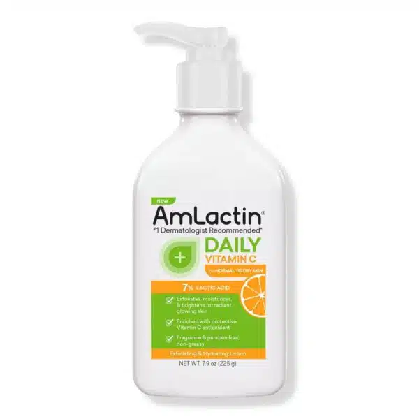 Front view of a 7.9-ounce white bottle of AmLactin Daily Vitamin C Lotion with orange-gold label, photographed on a clean white background—shows product name, 7 % lactic acid AHA call-out and flip-top cap