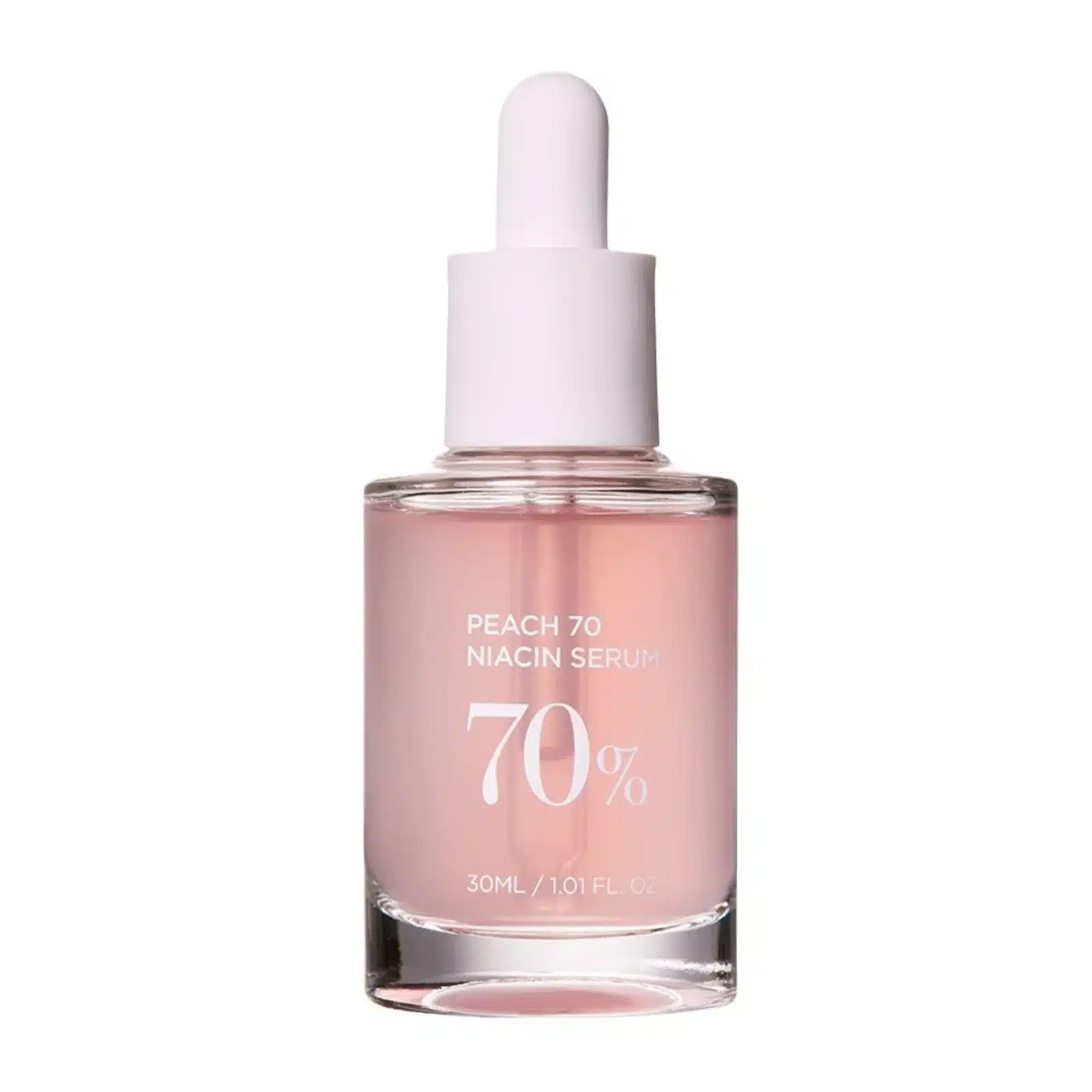 ANUA Peach 70 Niacin Serum in a sleek 30ml dropper bottle on white background. Features natural peach extract, niacinamide, and hyaluronic acid for brightening and hydration. Pink serum visible through glass, ideal for dull, dry, or uneven skin tones in tropical climates.