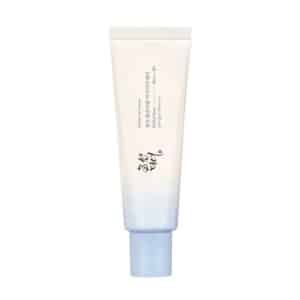 Beauty of Joseon Relief Sun Aqua-Fresh tube (50ml) on white background. Label features “SPF50+ PA++++” in bold, with a translucent lotion sample showcasing its lightweight, non-greasy texture. Ideal for humid climates, the design emphasizes rice seed water and vitamin B5 for Ghanaian skincare routines.