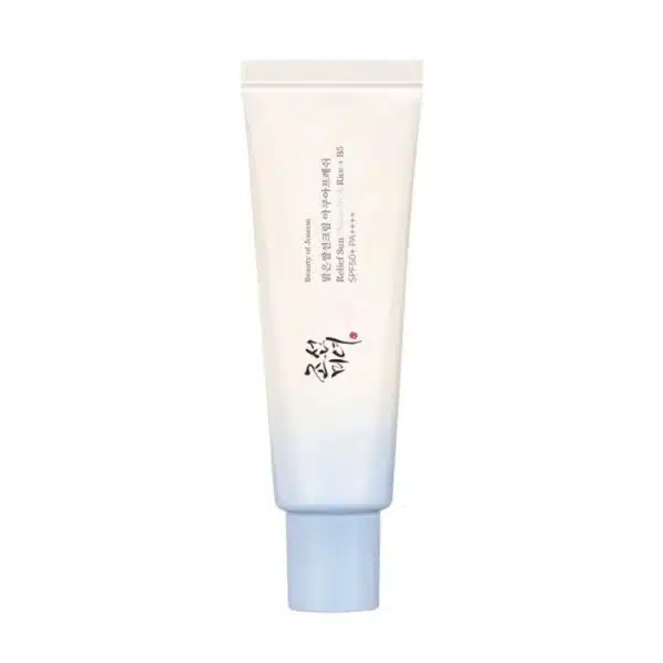 Beauty of Joseon Relief Sun Aqua-Fresh tube (50ml) on white background. Label features “SPF50+ PA++++” in bold, with a translucent lotion sample showcasing its lightweight, non-greasy texture. Ideal for humid climates, the design emphasizes rice seed water and vitamin B5 for Ghanaian skincare routines.