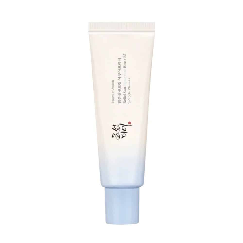Beauty of Joseon Relief Sun Aqua-Fresh tube (50ml) on white background. Label features “SPF50+ PA++++” in bold, with a translucent lotion sample showcasing its lightweight, non-greasy texture. Ideal for humid climates, the design emphasizes rice seed water and vitamin B5 for Ghanaian skincare routines.