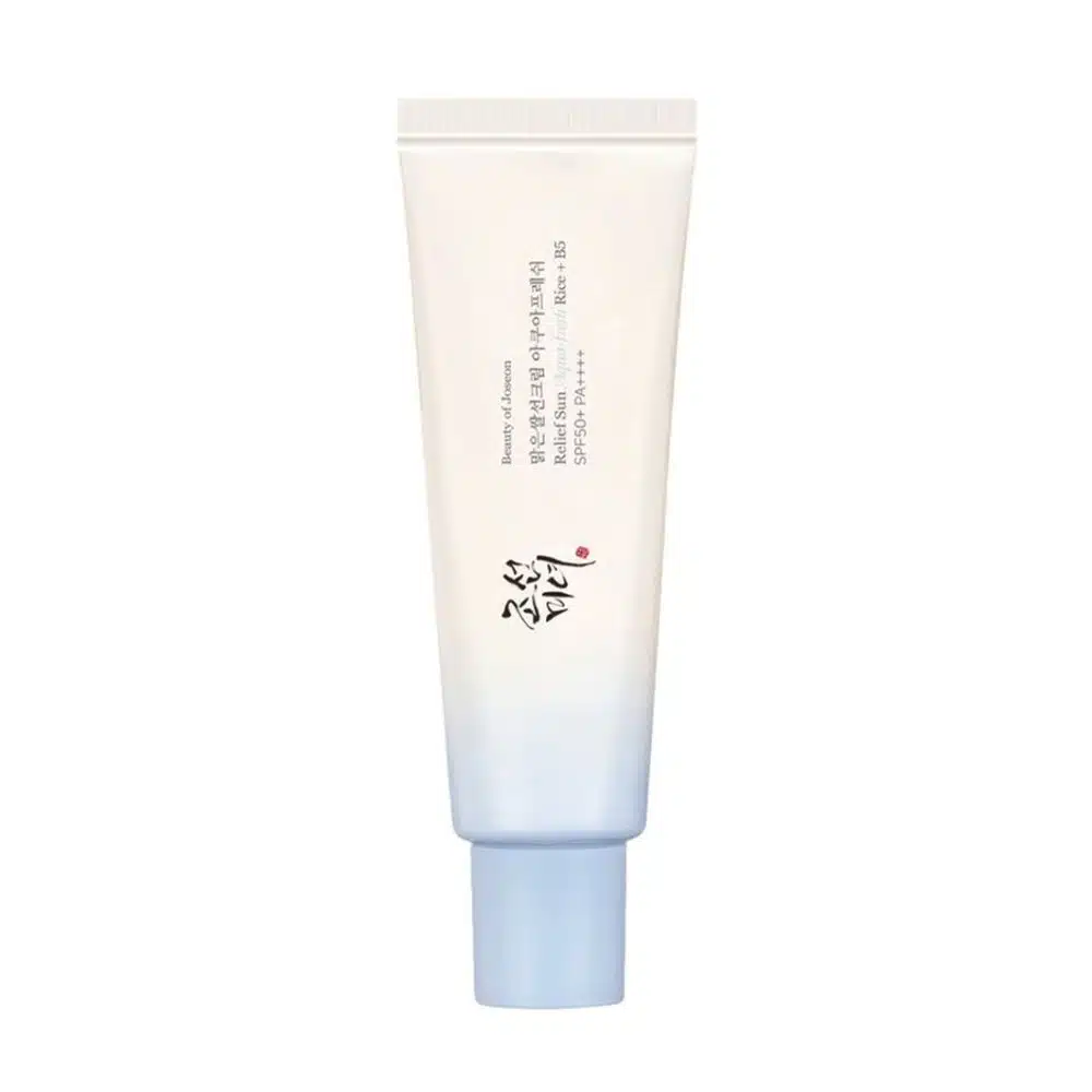Beauty of Joseon Relief Sun Aqua-Fresh tube (50ml) on white background. Label features “SPF50+ PA++++” in bold, with a translucent lotion sample showcasing its lightweight, non-greasy texture. Ideal for humid climates, the design emphasizes rice seed water and vitamin B5 for Ghanaian skincare routines.