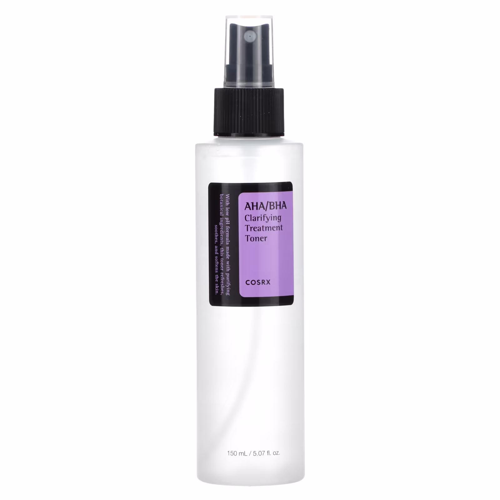 White background featuring COSRX AHA/BHA Clarifying Treatment Toner (150ml): Transparent spray bottle with red cap, labeled "AHA/BHA Clarifying Treatment Toner." Visible liquid inside, surrounded by illustrated willow bark and apple extracts. Text highlights "10% Natural Exfoliants" and "For Oily, Acne-Prone Skin."