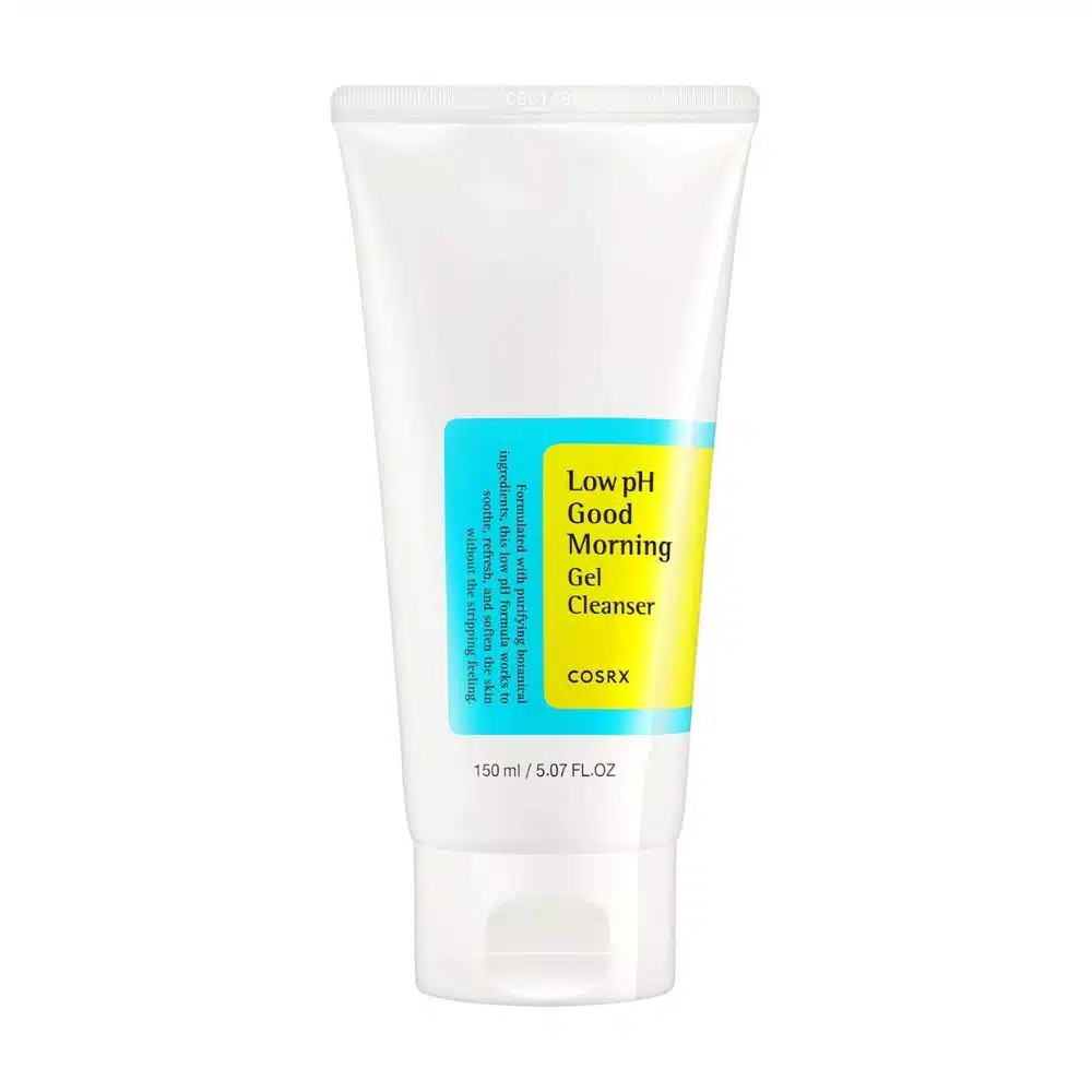 ranslucent white tube of COSRX Low pH Good Morning Gel Cleanser on a white background, showcasing green text and key ingredients: Tea Tree Oil for acne control and Betaine Salicylate for gentle exfoliation. Ideal for oily and sensitive skin in humid climates like Ghana.