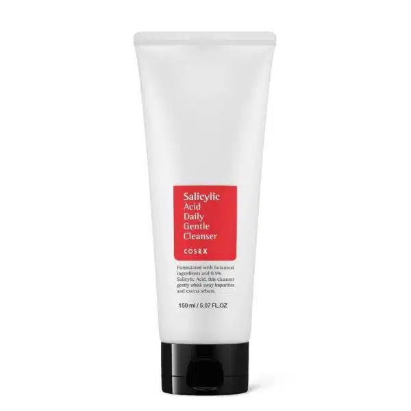 COSRX Salicylic Acid Daily Gentle Cleanser (150ml pump bottle) on white background. Label highlights "0.5% BHA," "Tea Tree Oil," and "Gentle Exfoliation." Ideal for oily, acne-prone skin in tropical climates like Ghana.