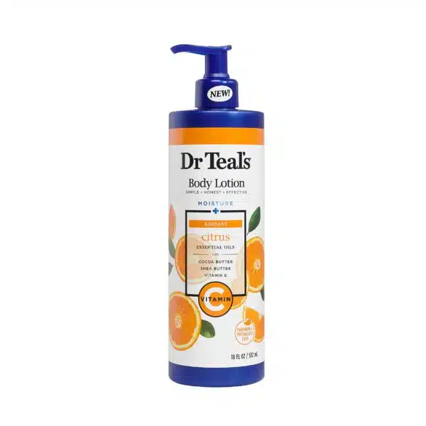 Front view of an 18-oz pump bottle of Dr Teal’s Glow & Radiance Body Lotion with Vitamin C & Citrus Essential Oils standing upright on a pure white background, label facing forward showing orange slices and product details.