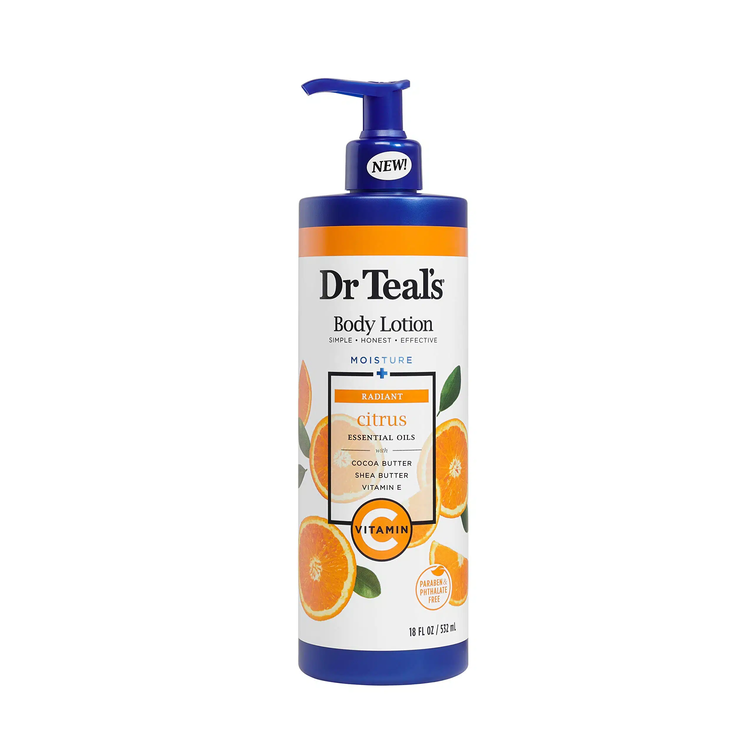 Front view of an 18-oz pump bottle of Dr Teal’s Glow & Radiance Body Lotion with Vitamin C & Citrus Essential Oils standing upright on a pure white background, label facing forward showing orange slices and product details.