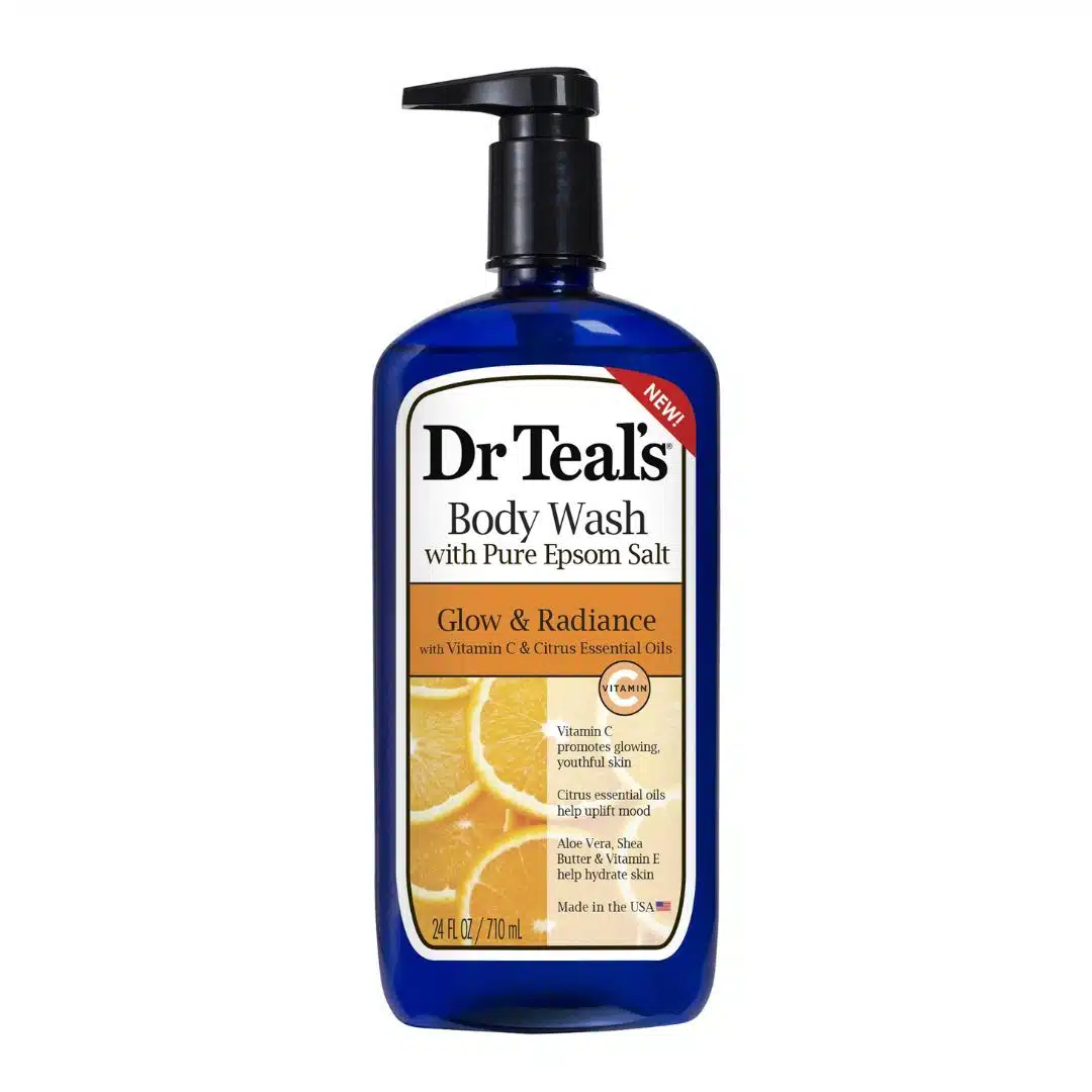 Front-facing bottle of Dr. Teal’s Glow & Radiance Body Wash (24 fl oz) on a pure white background; orange-accented label highlighting Vitamin C, Citrus Essential Oils, Pure Epsom Salt, and hydrating Aloe Vera-Shea Butter complex.