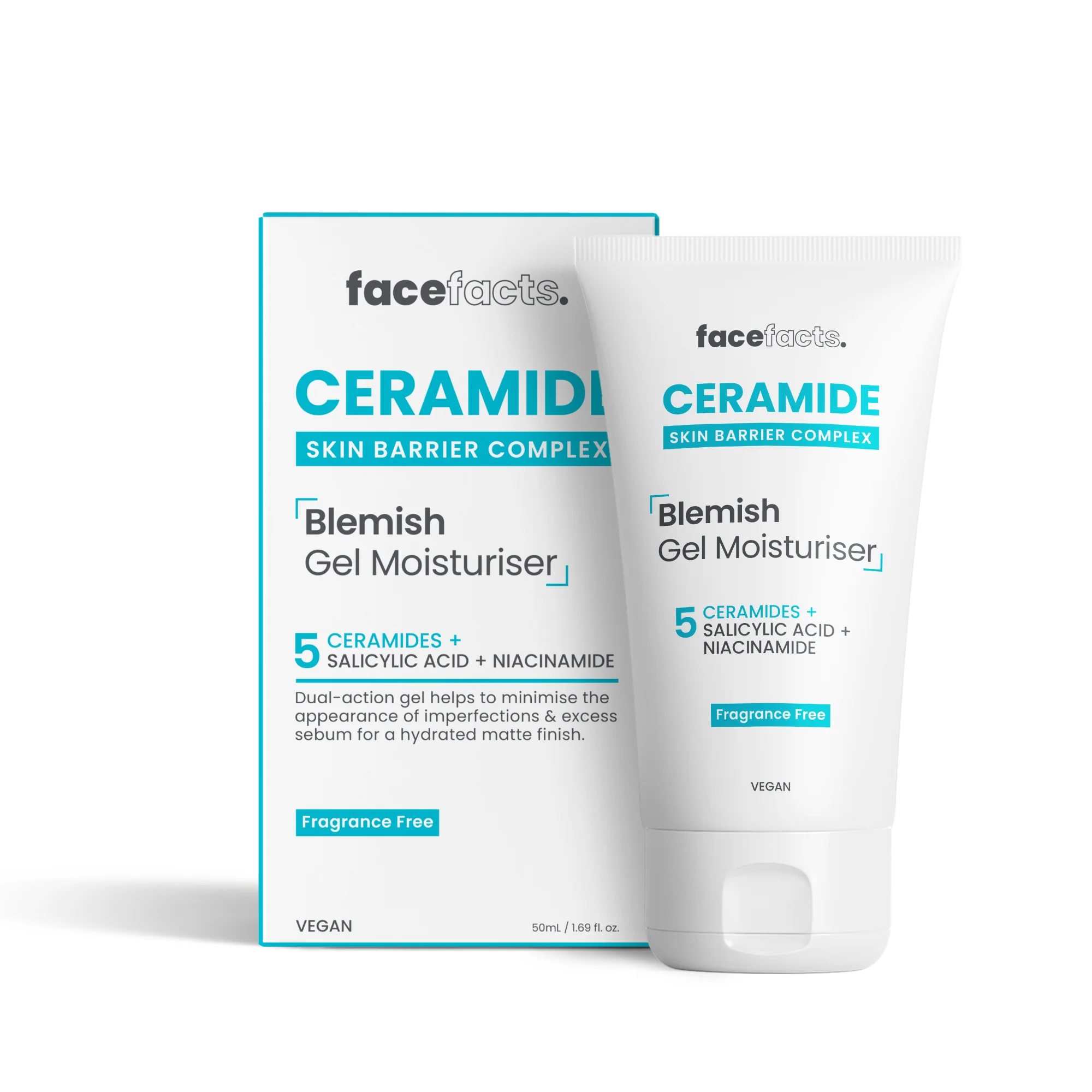 Face Facts Ceramide Blemish Gel Moisturiser 50 ml tube on white background, highlighting 5‑ceramide, salicylic acid and niacinamide formula for oily, blemish‑prone skin, sold by Pure Skincare Ghana.