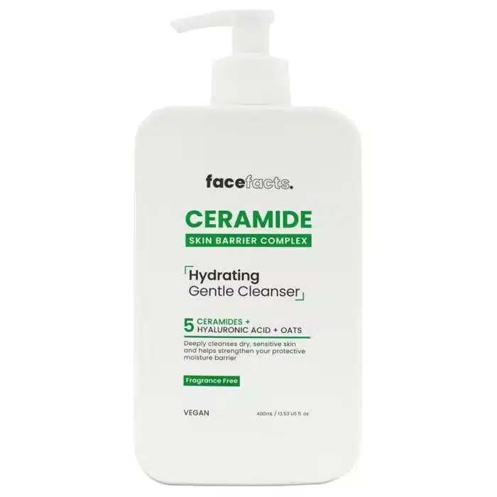 400 ml bottle of Face Facts Ceramide Hydrating Gentle Cleanser on a white background—minimalist pump packaging highlighting vegan, fragrance‑free formula enriched with ceramides, hyaluronic acid, niacinamide; ideal for dry, sensitive Ghanaian skin requiring gentle, barrier‑supportive hydration.